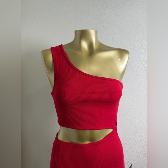 Lulus Spice Things Up red ribbed one-shoulder cutout midi dress XS - Picture 2 of 6